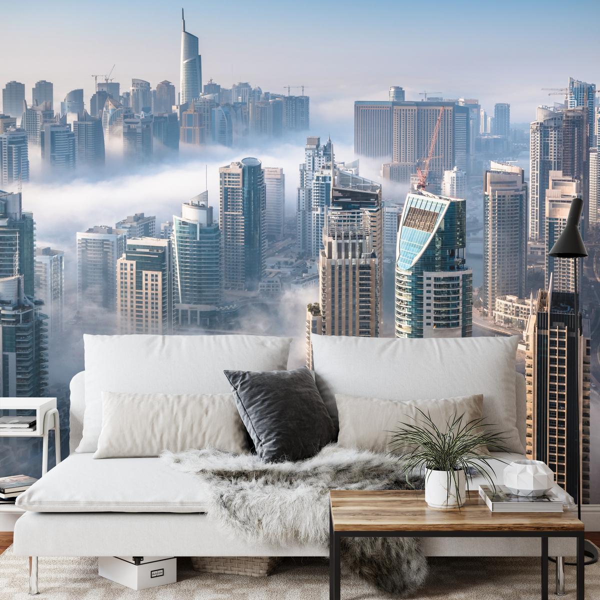 FOTOTAPETE für Büro Dubai Nebel Wolkenkratzer Skyline Panorama 400x280 - Blau/Beige, Papier (400/280cm) - Muralo