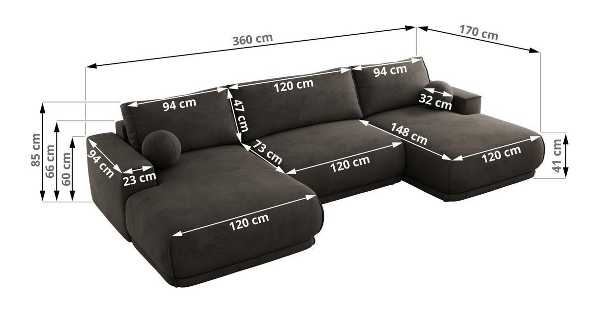 WOHNLANDSCHAFT RINA U Dunkelgrau Velvet - Dunkelgrau/Schwarz, Kunststoff/Textil (360/85/170cm) - MKS