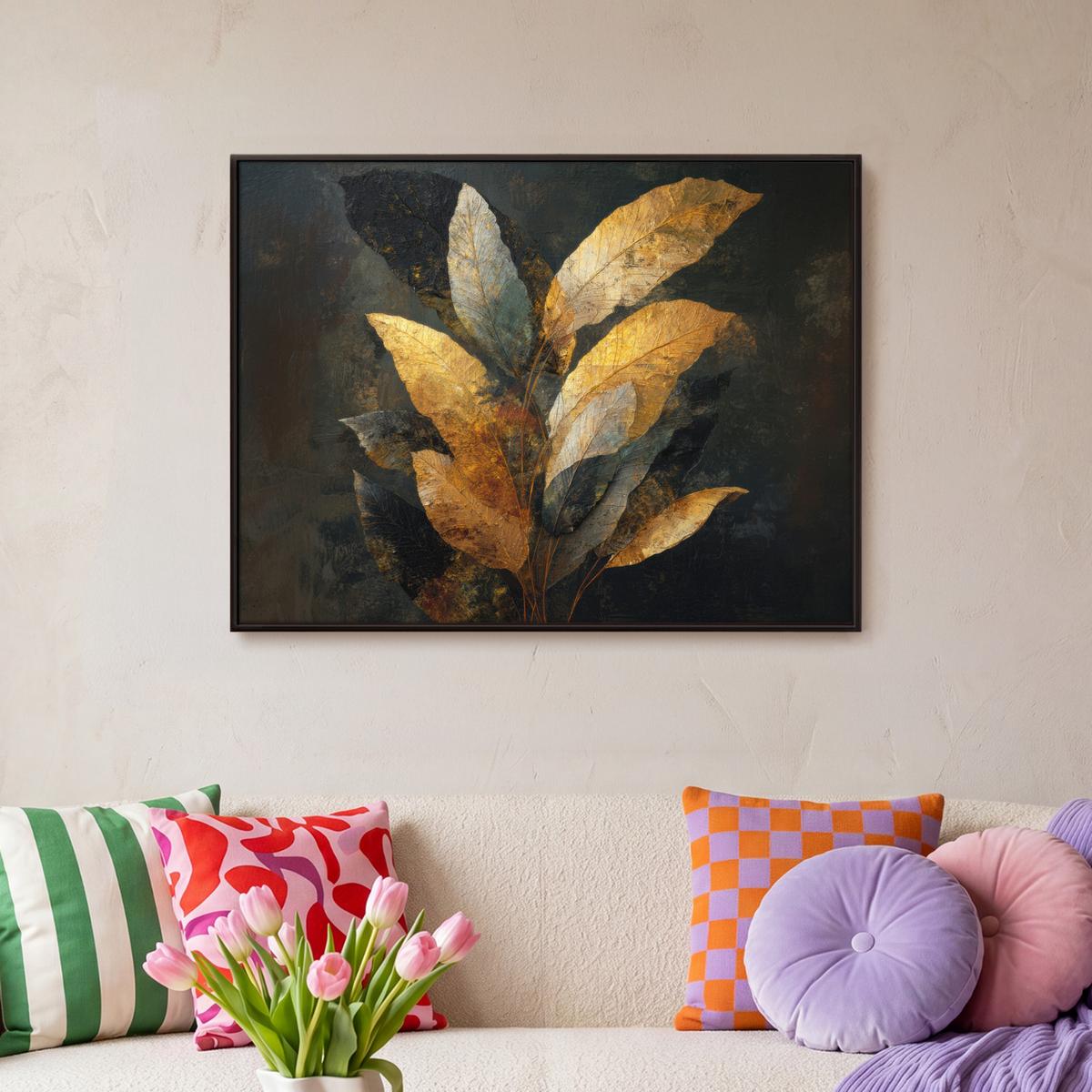 LEINWAND Bilder mit Rahmen - Golden Leaf Komposition - Botanical Luxury - 70x50 - Goldfarben, Textil (70/50cm) - MuchoWow