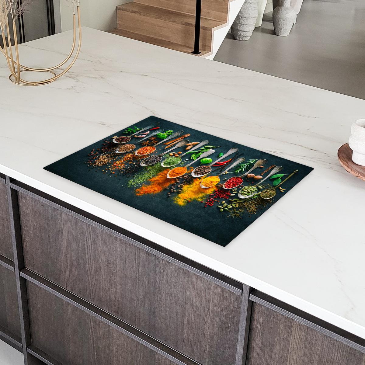 HERDABDECKPLATTE Kräuter - Gewürze - Löffel Herdabdeckung Induktionsfeld 75x52 cm - Multicolor, Kunststoff (75/52/0.2cm) - MuchoWow
