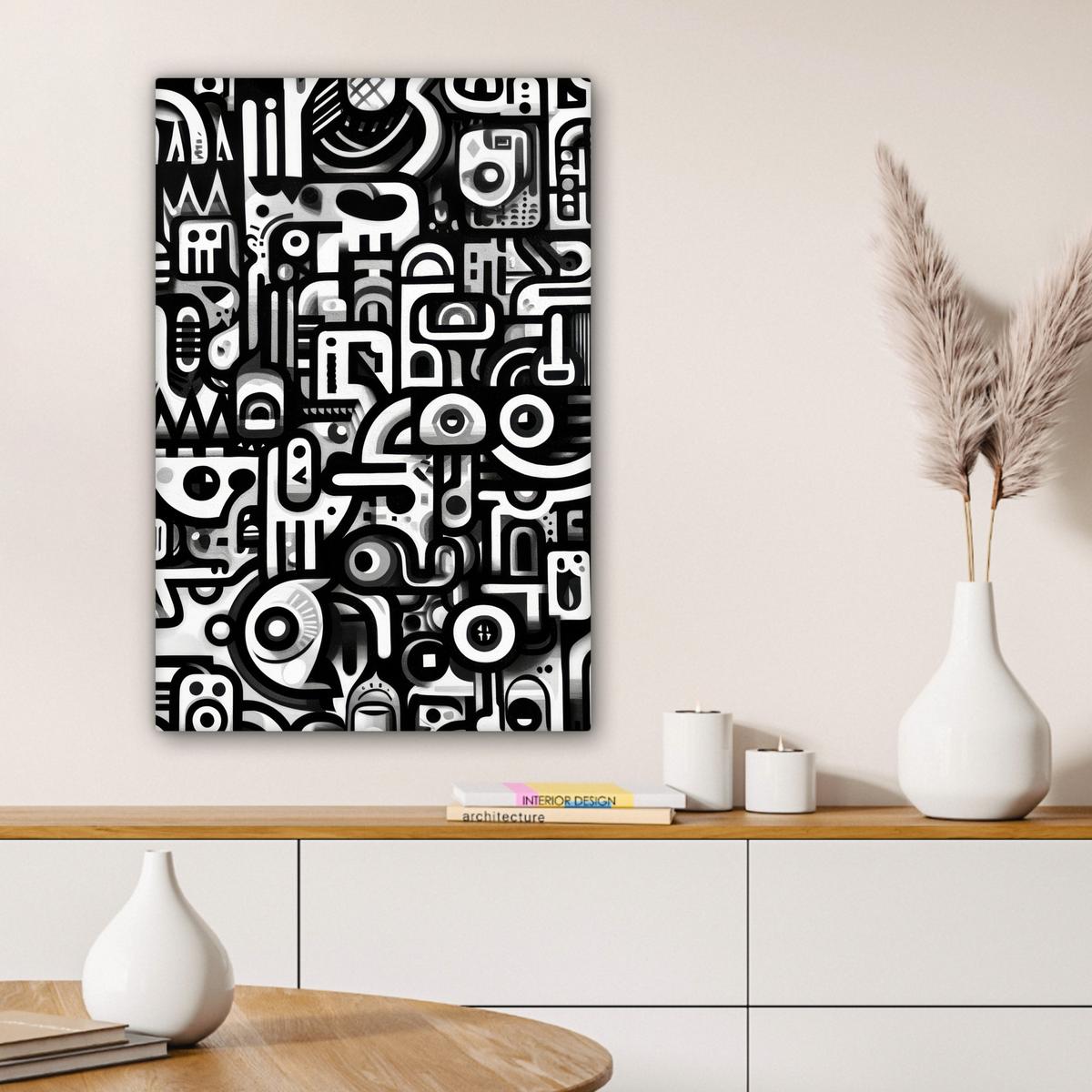 LEINWANDBILD Symbole - Abstrakt - Grafik - Schwarz Wanddeko Schlafzimmer 60x90 cm - Schwarz, Textil (60/90cm) - MuchoWow