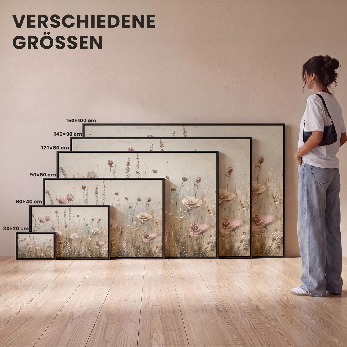 LEINWAND Bilder mit Rahmen - Blumen - Rosa - Modern - Beige - 90x60 - Beige, Textil (90/60cm) - MuchoWow