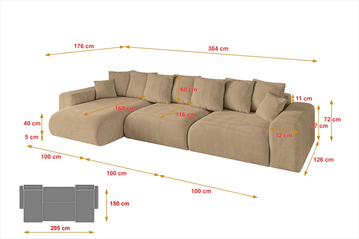 ECKSOFA Ottomane links ESKAR-L2 364x176x72 Beige Velours - Beige/Schwarz, Holzwerkstoff/Kunststoff (364/176cm) - ALTDECOR
