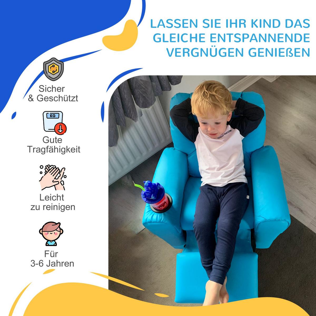 KINDERSESSEL Minisessel Kindersofa für 3-6 Jahre alt Liegefunktion Blau - Blau, Kunststoff (52/69/62cm) - HOMCOM
