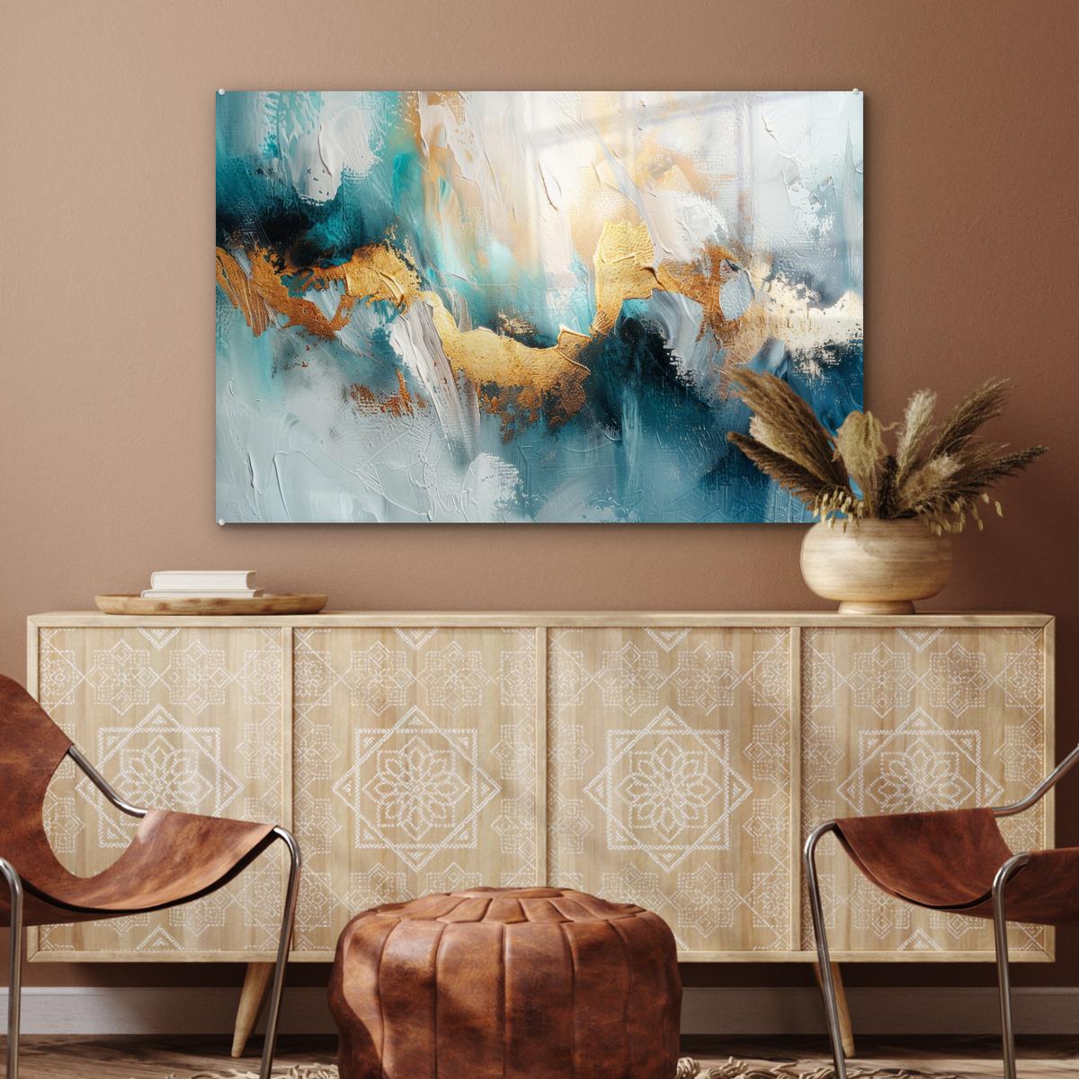 ACRYLGLASBILD Abstrakt - Kunst - Gold - Blau Wandbild Schlafzimmer 120x80 cm - Petrol, Glas (120/80cm) - MuchoWow
