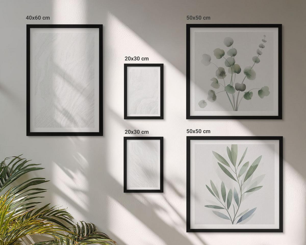 BILDER SET 5er Set - 50x50 cm & 20x30 cm & 40x60 cm Schwarzer Rahmen - Marmorstruktur, pastellfarbene Zweige - Schwarz, Kunststoff (40/60cm) - TULUP