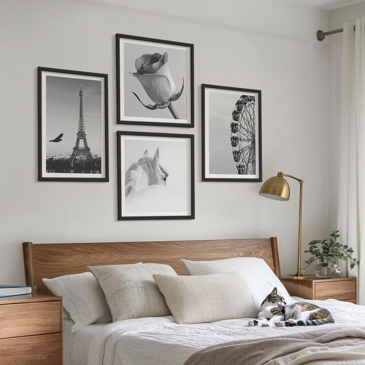 BILDER SET 4er Set - 50x50 cm & 40x60 cm Schwarzer Rahmen - Rose Eiffelturm Pferd Riesenrad S/W - Schwarz, Kunststoff (50/50cm) - TULUP