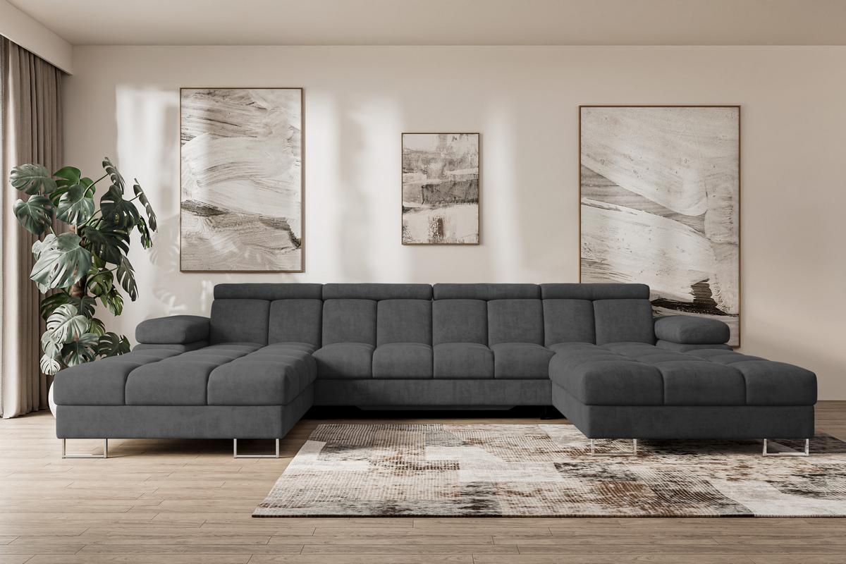 WOHNLANDSCHAFT mit Schlaffunktion und Bettkasten COMA U2 345x203x79 Dunkelgrau Velours - Dunkelgrau, Holzwerkstoff/Textil (345/79/203cm) - ALTDECOR