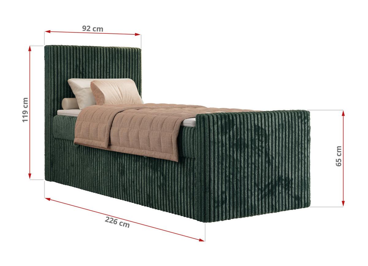 BOXBETT TILIANO DUO 90/200 - Dunkelgrün Cord - H3 - Topper Visco - Links Seite - Dunkelgrün, Textil (200/90cm) - MKS