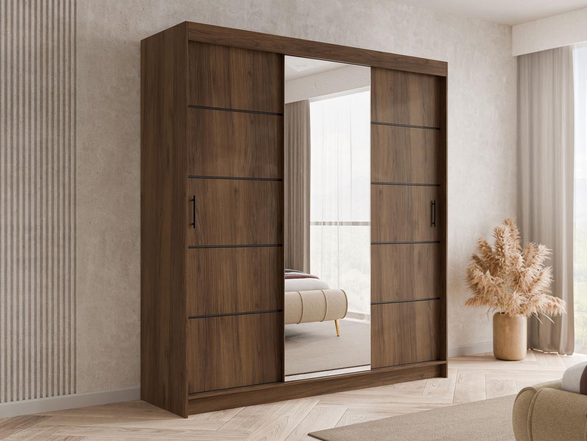 SCHIEBETÜRENSCHRANK Infinity III 200 - Nussbaumfarben/Schwarz, Holzwerkstoff/Kunststoff (200/200/58cm) - MIRJAN24