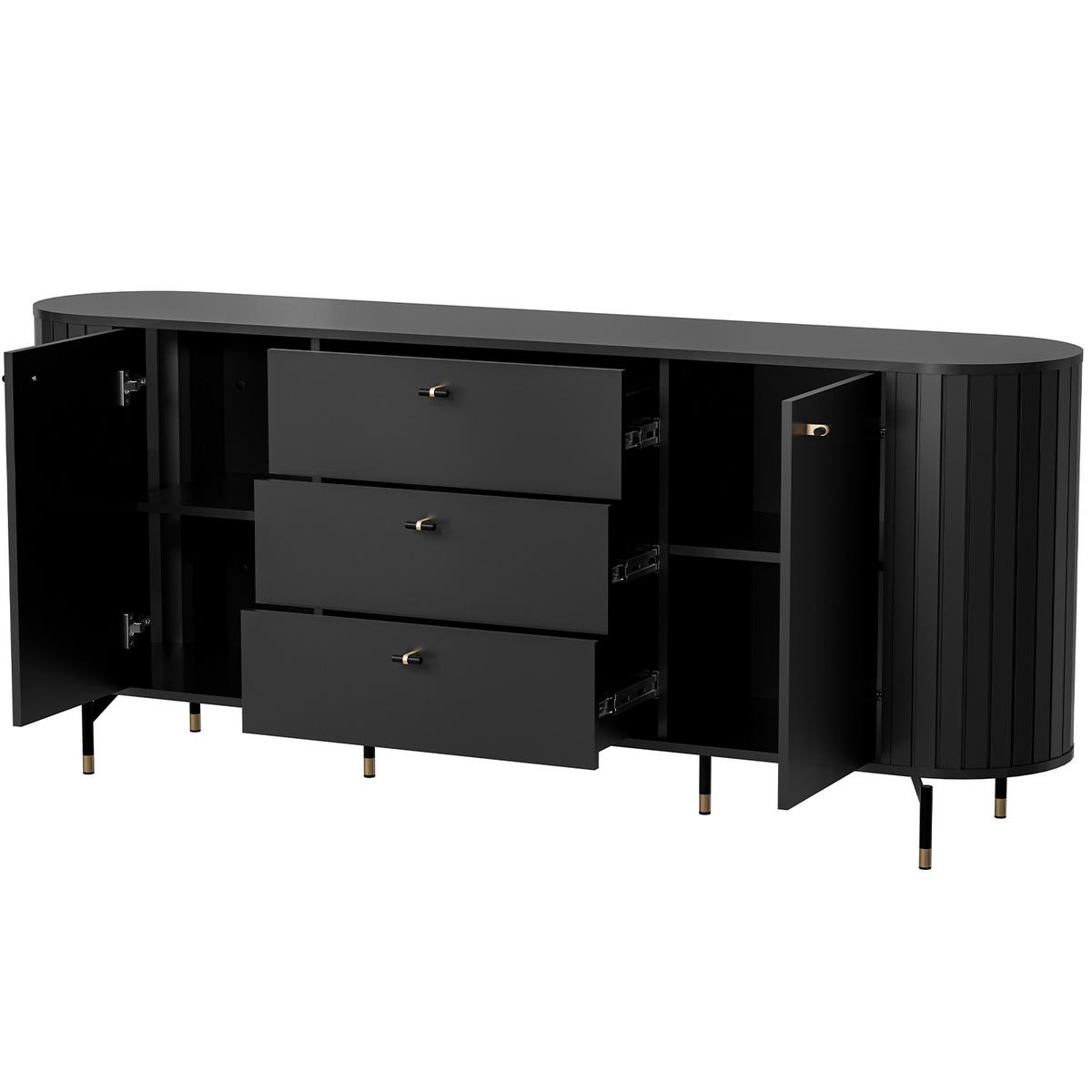 KOMMODE Zalia mit 2 Türen und 3 Schubladen, 190 cm, im Retro-Stil, Schwarz - Schwarz, Holzwerkstoff (190/81/40cm) - Beautysofa