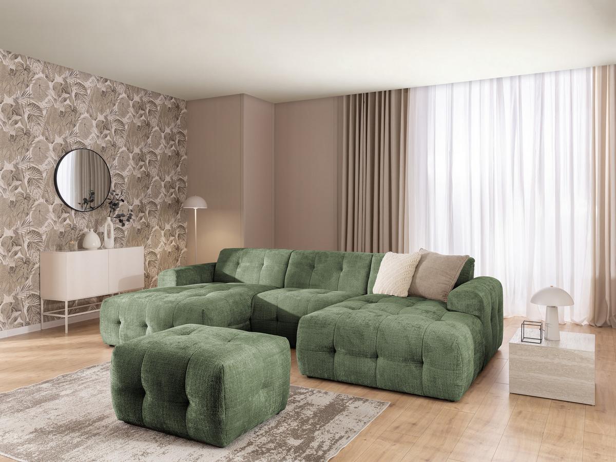 WOHNLANDSCHAFT inkl. Hocker Kozy im Bumpy-Design mit Schlaffunktion und fester Rückenlehne aus weichem Grün Chenille-Stoff - Schwarz/Grün, Holz/Kunststoff (323/79/161cm) - S-Style