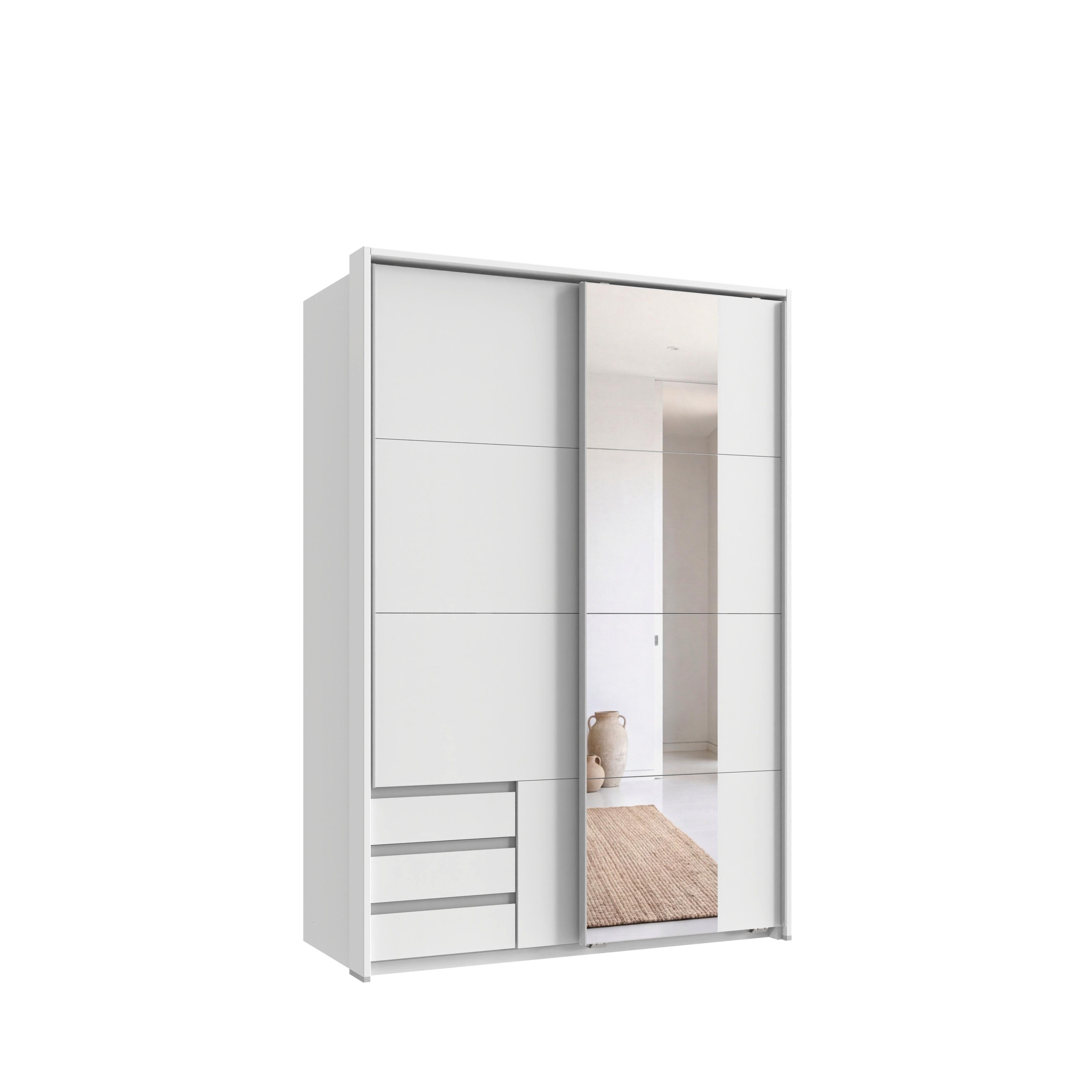 SCHWEBETÜRENSCHRANK 2-türig B138/H200/T65 cm, Passepartout-Kleiderschrank in Weiß mit sichtbaren Schubkästen & Spiegel / 22681 - Alufarben/Weiß, Holz/Holzwerkstoff (138/200/65cm) - luma-home