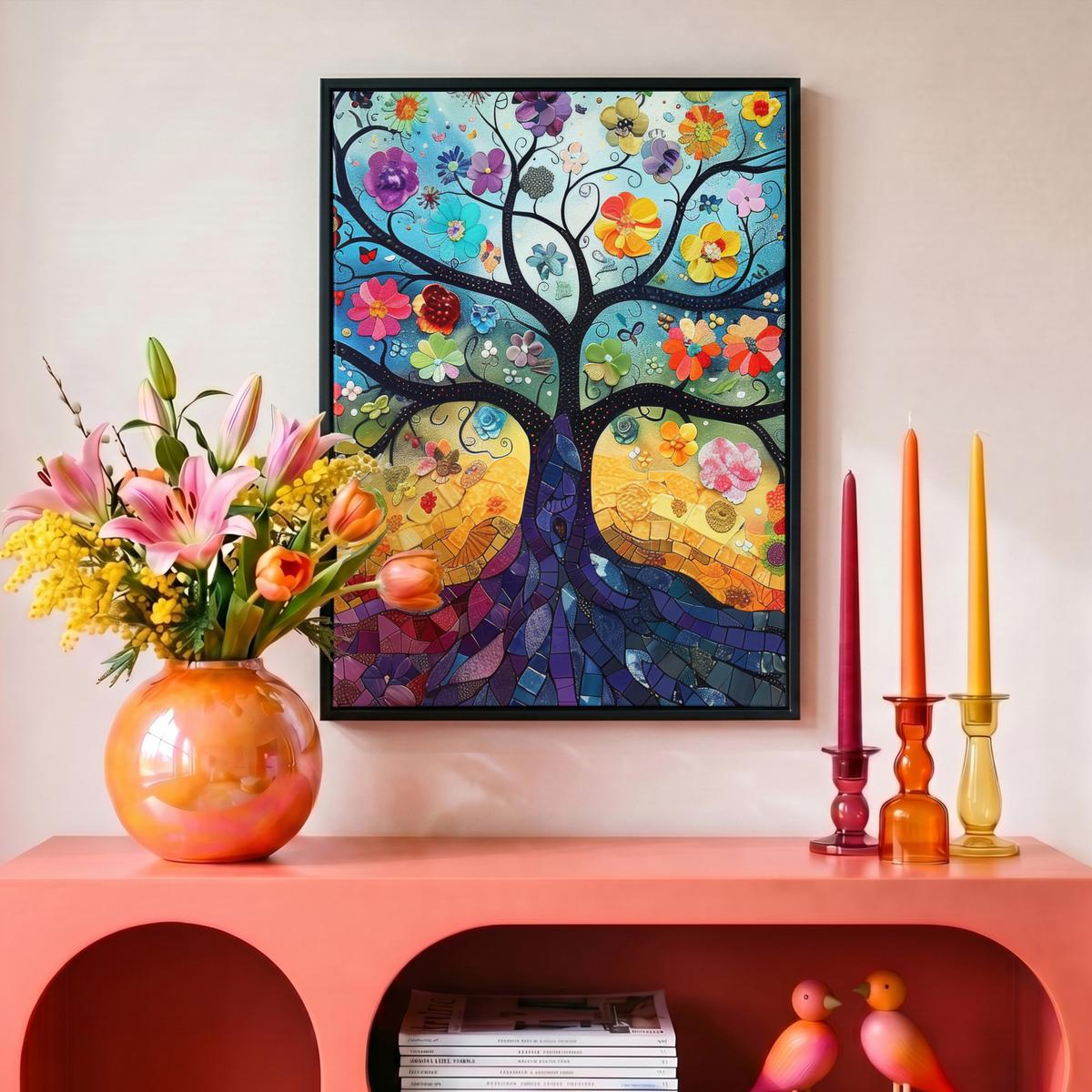 LEINWAND Bilder mit Rahmen - Kunst - Baum des Lebens - Blumen - Hippie - 30x40 - Dunkelblau, Textil (30/40cm) - MuchoWow