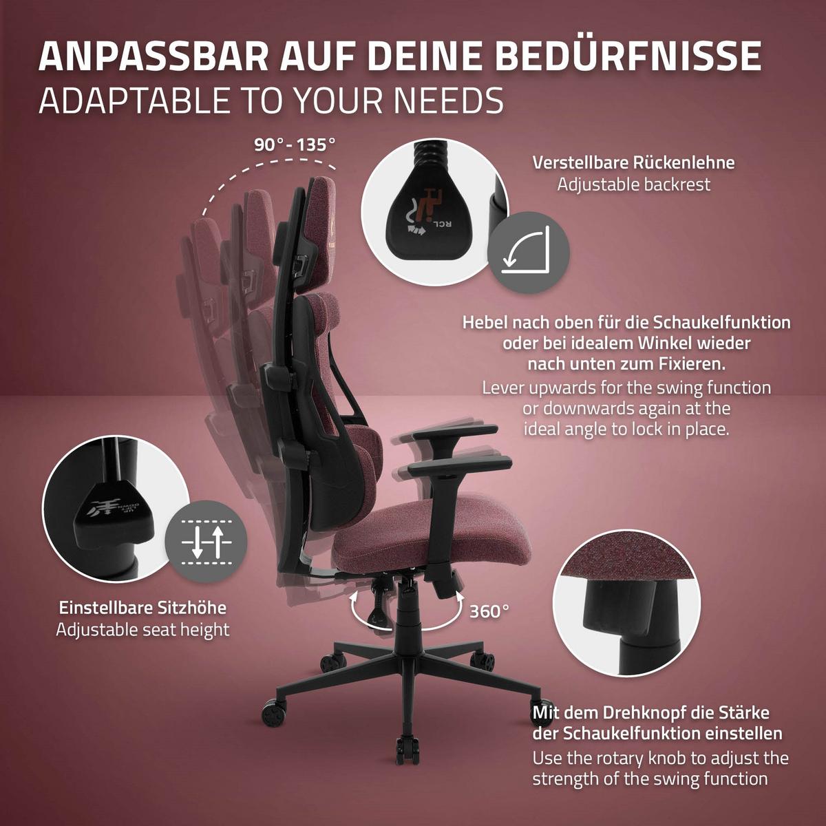 GAMINGSTUHL mit Stoffbezug in Rot Individuell Einstellbar - Rot/Schwarz, Kunststoff/Textil (69/142/68cm) - ML-DESIGN