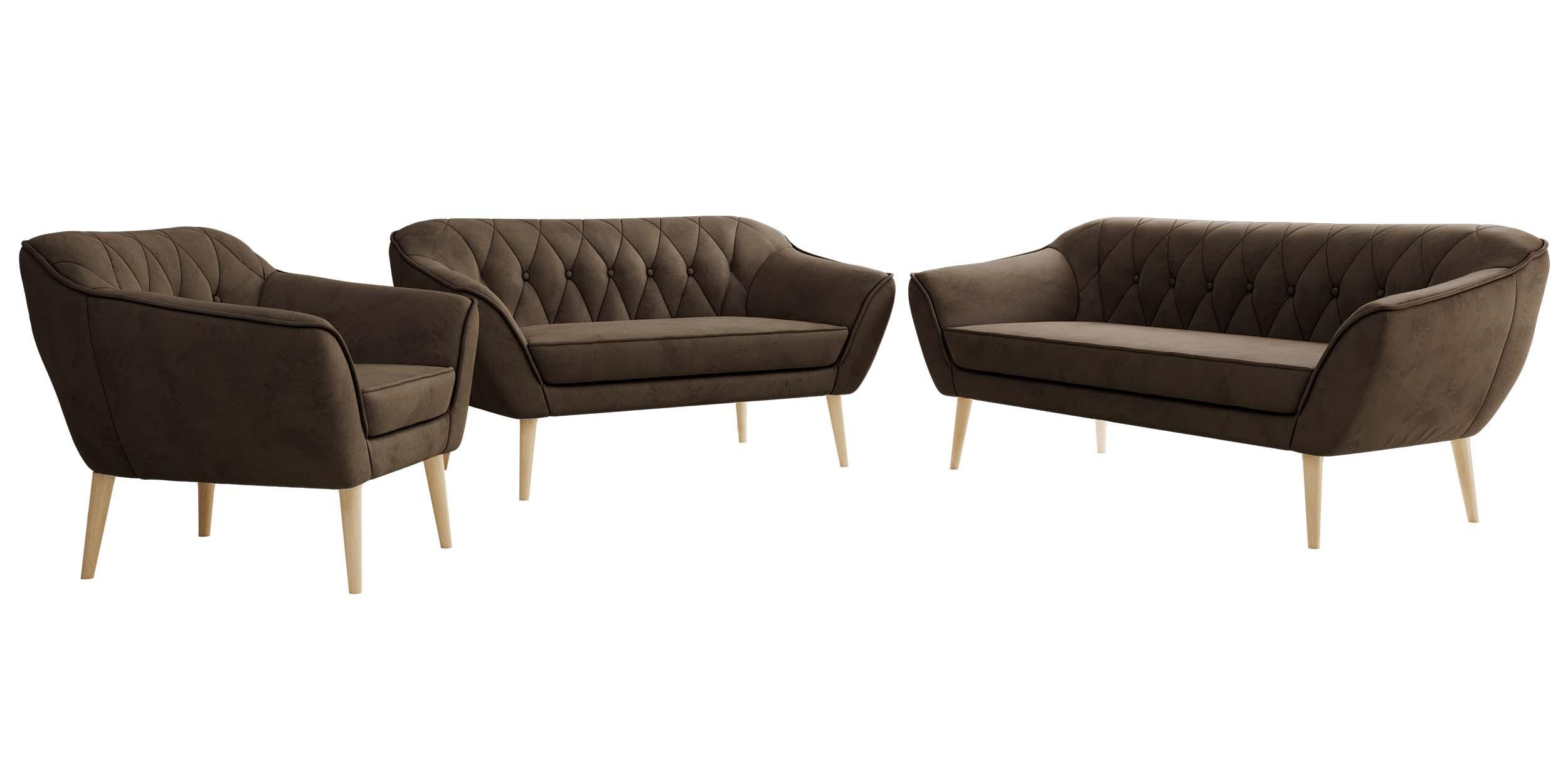 SITZGARNITUR PIRS 3+2+1 - Braun Velvet - Holzbeine - Dunkelbraun/Buchefarben, Holzwerkstoff/Textil (180/75/74cm) - MKS