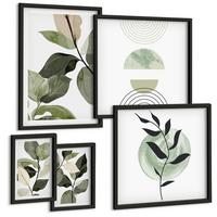 BILDER SET 5er Set - 50x50 cm & 20x30 cm & 40x60 cm Schwarzer Rahmen - Abstrakte Darstellung gemalter Blätter - Schwarz, Kunststoff (40/60cm) - TULUP