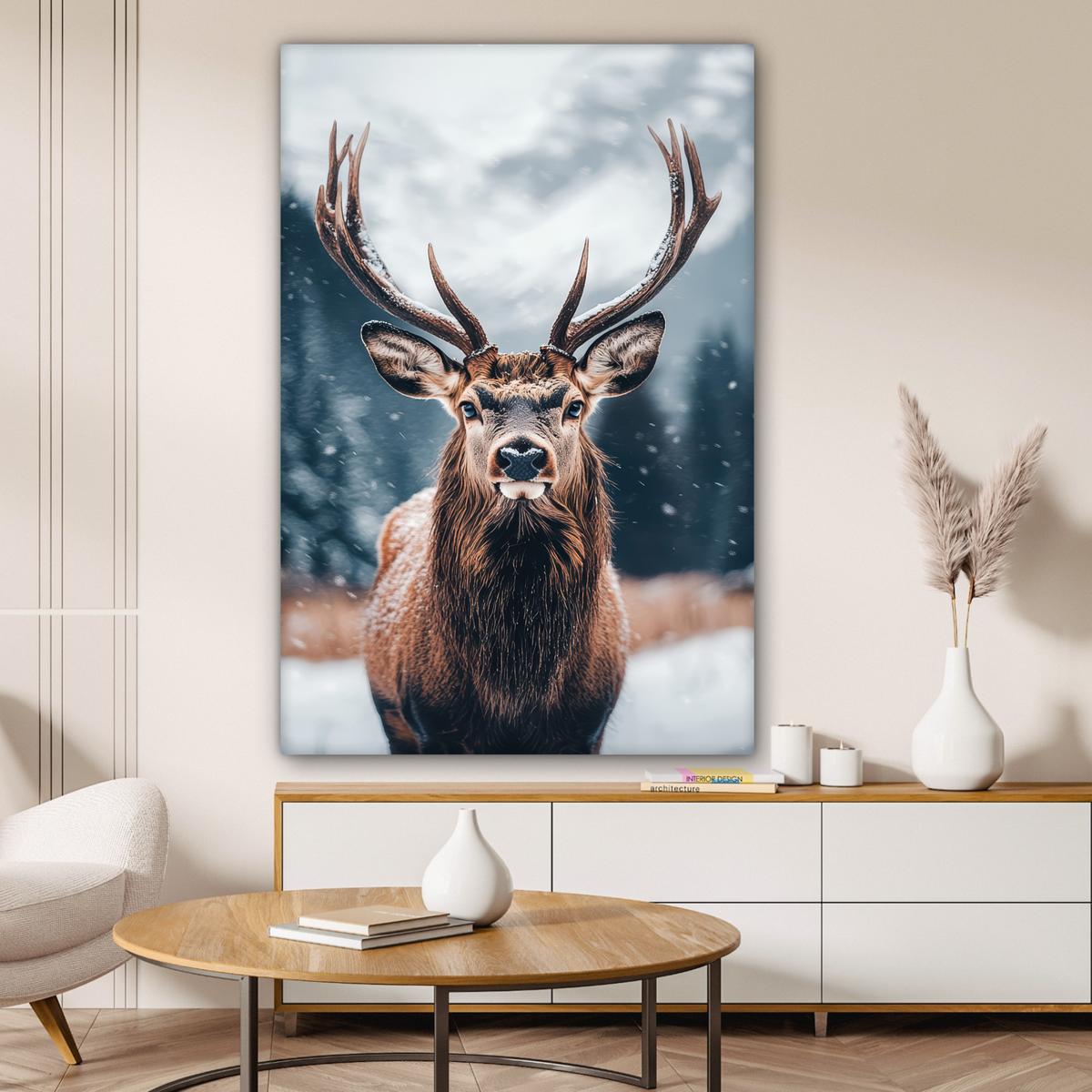 LEINWANDBILD Hirsche - Tiere - Landschaft - Winter - Schnee Deko Groß 90x140 cm - Kastanienfarben, Textil (90/140cm) - MuchoWow