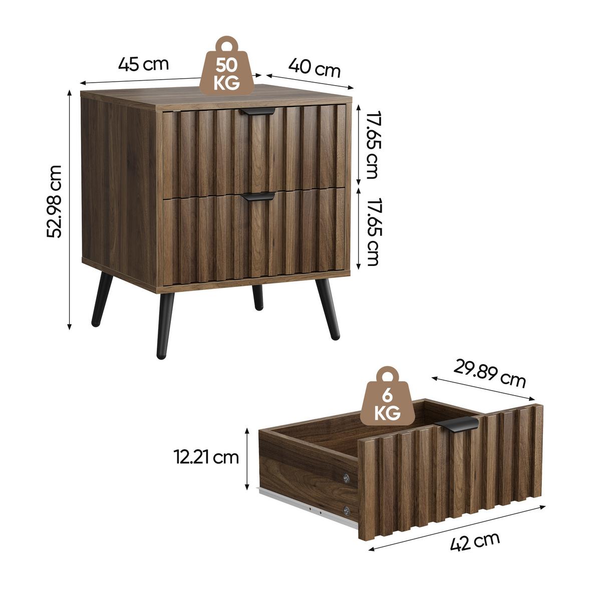 NACHTTISCH Walnuss 45 cm – Nachtkonsole Modern mit 2 Schubladen & Metallbeinen - Walnussfarben, Holzwerkstoff (45/53/40cm) - Urban Meuble