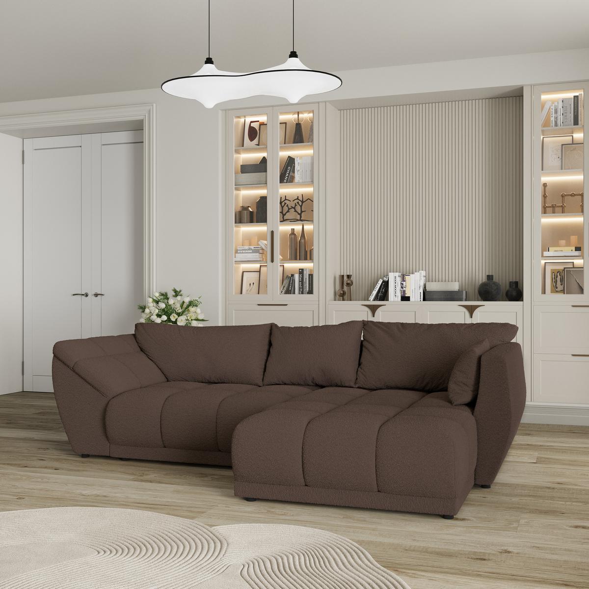 ECKSOFA ORENTI R-S Braun Boucle-Stoff mit Schlaffunktion - Braun, Holz (287/182cm) - MASSENO