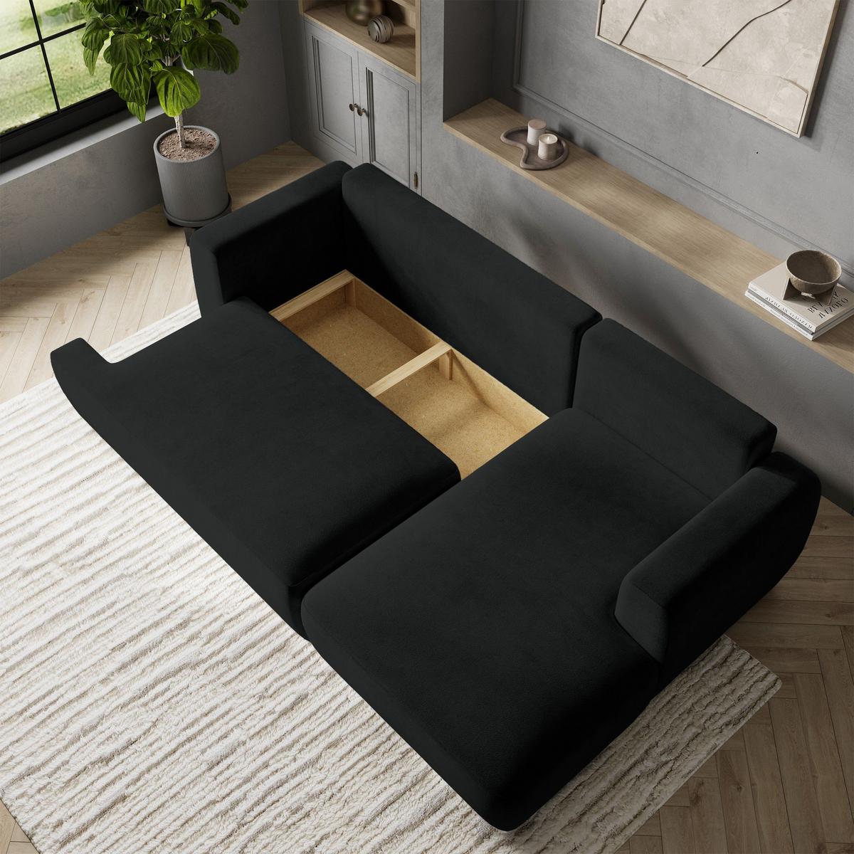 ECKSOFA SENTI K R-S Schwarz Plüsch-Stoff mit Schlaffunktion - Schwarz, Holz/Kunststoff (246/148cm) - MASSENO