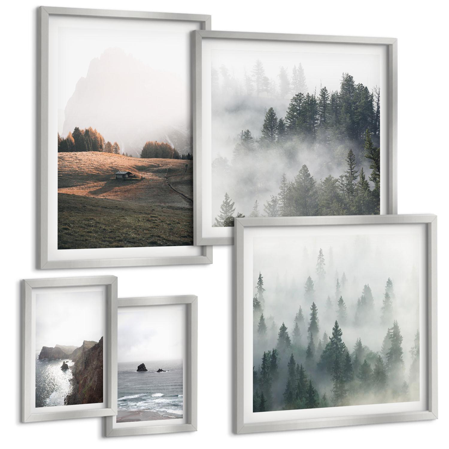 BILDER SET 5er Set - 50x50 cm & 20x30 cm & 40x60 cm Silberner Rahmen - Landschaften aus Bergen und Meer - Silberfarben, Kunststoff (40/60cm) - TULUP