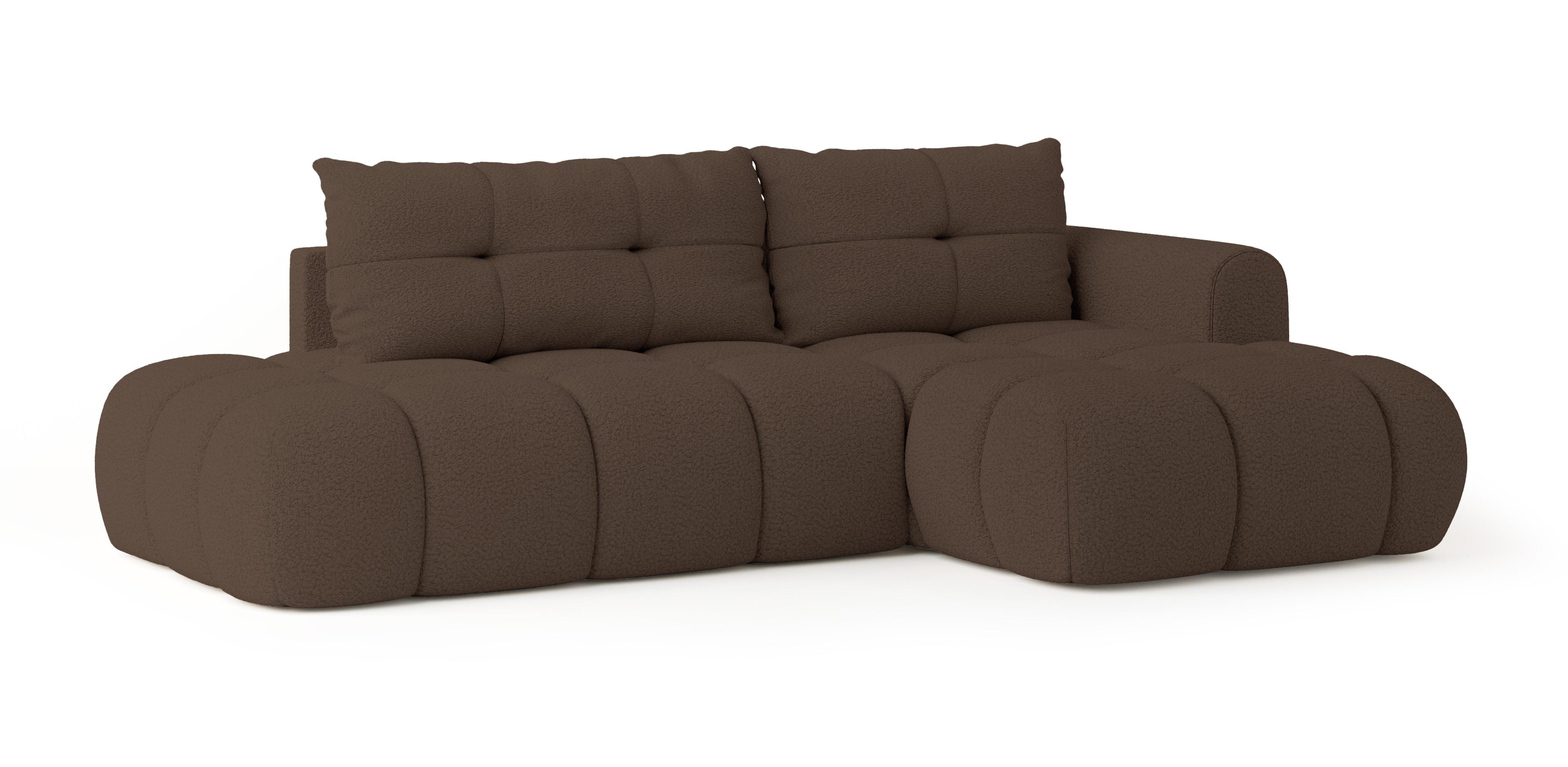 ECKSOFA FLUMA R-S Braun Boucle-Stoff mit Schlaffunktion - Braun, Holz (279/158cm) - MASSENO