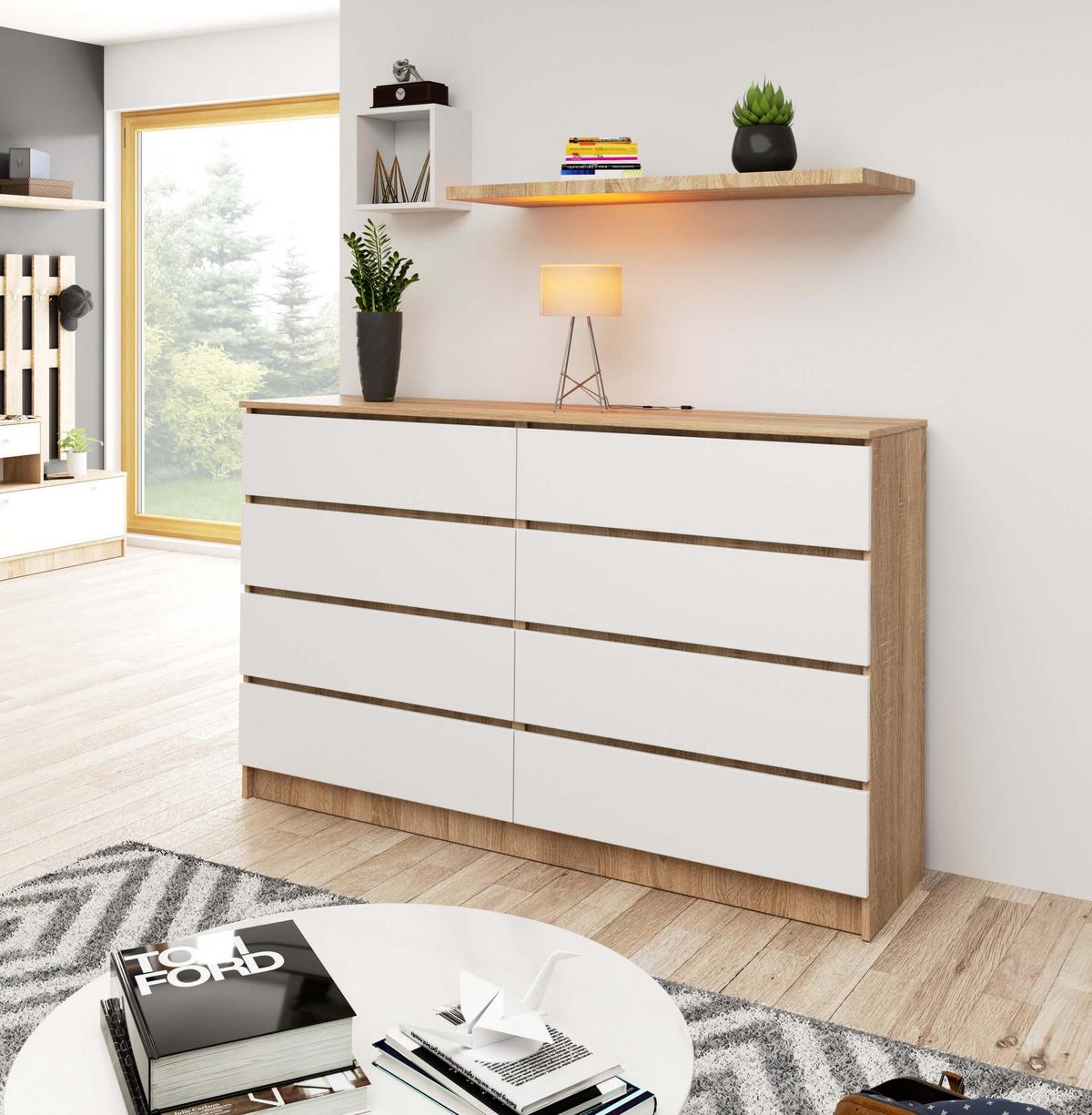 KOMMODE Eiche Sonoma, Weiß 99/160/40 - Weiß, Holzwerkstoff (160/99/40cm) - RAUMHIRSCH FURNITURE