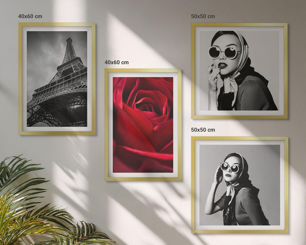 BILDER SET 4er Set - 50x50 cm & 40x60 cm Goldrahmen - Pariserin mit Eiffelturmbrille - Goldfarben, Kunststoff (50/50cm) - TULUP
