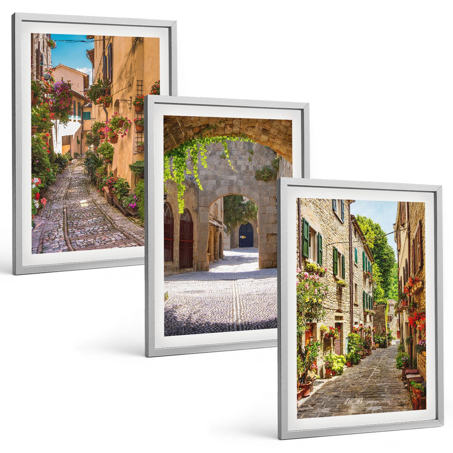 BILDER SET 3er Set - 40x60 cm Silberner Rahmen - Italienische Straßen, Blumen, Architektur - Silberfarben, Kunststoff (40/60cm) - TULUP