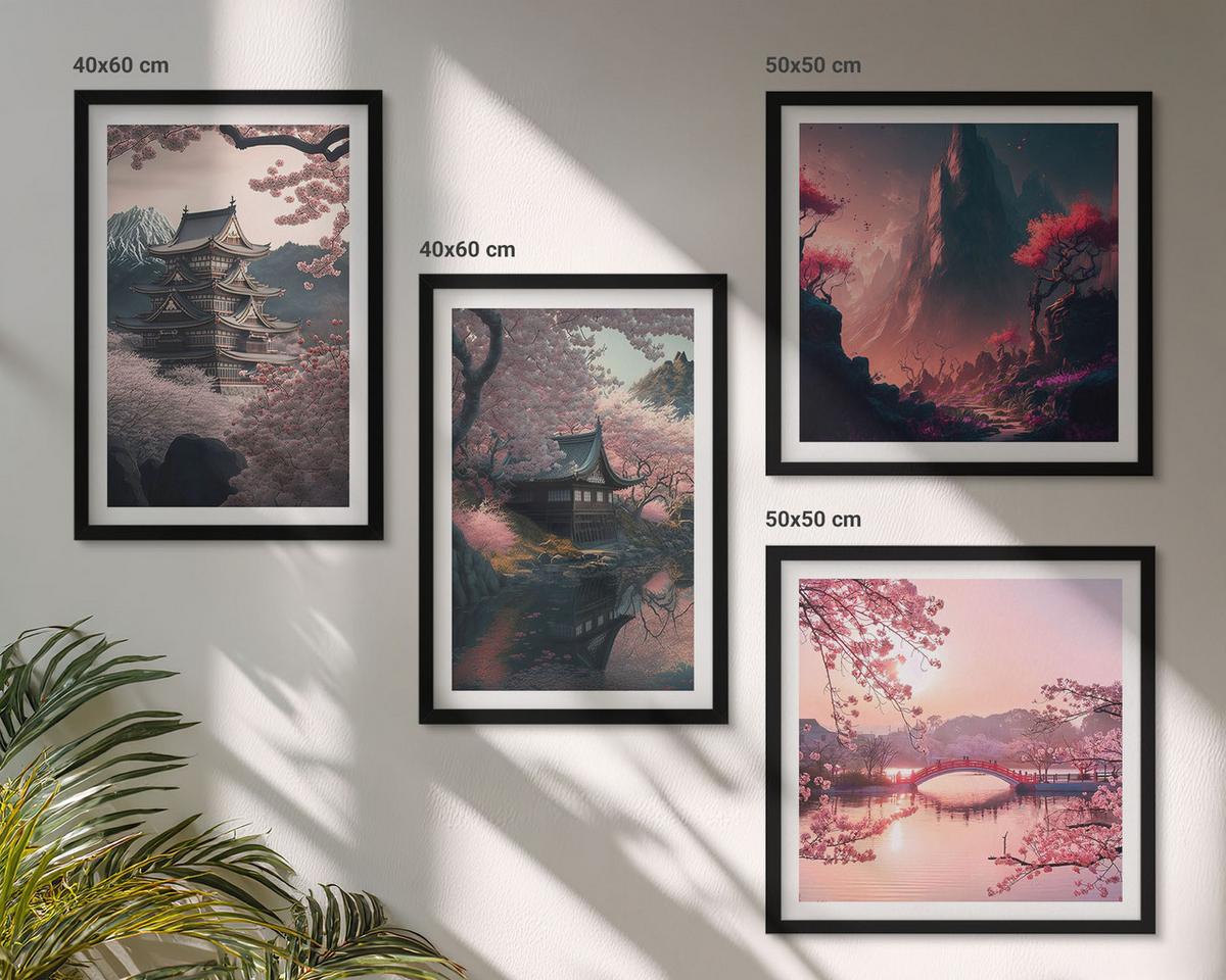 BILDER SET 4er Set - 50x50 cm & 40x60 cm Schwarzer Rahmen - Fantasielandschaften Japans - Schwarz, Kunststoff (50/50cm) - TULUP