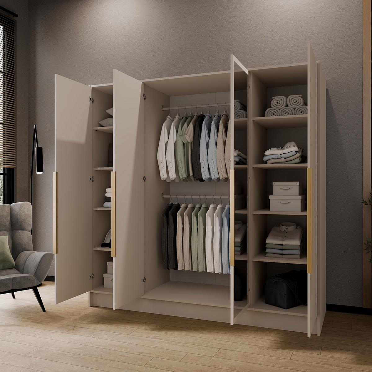 DREHTÜRENSCHRANK Laro mit Spiegel, Kaschmir mit goldenen Griffen, 200 cm - Kaschmir, Holzwerkstoff (200/200/51cm) - Beautysofa