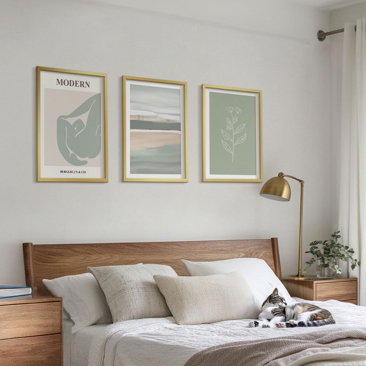 BILDER SET 3er Set - 40x60 cm Goldrahmen - Abstrakte pastellfarbene Pflanzenformen - Goldfarben, Kunststoff (40/60cm) - TULUP