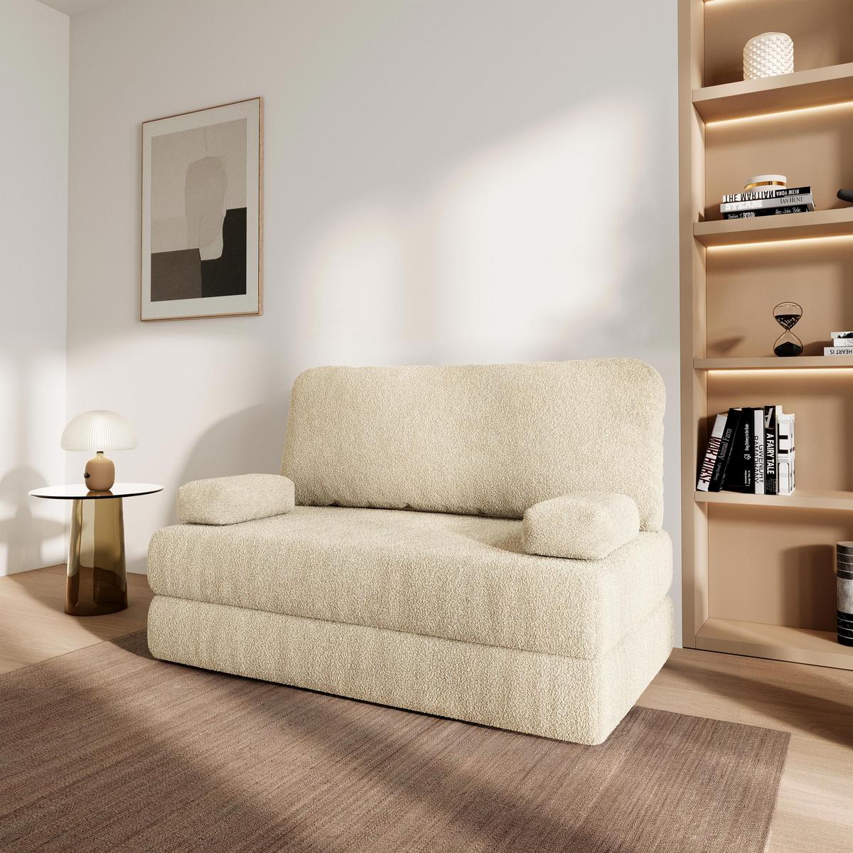 BETTSOFA KESTE aus Schaumstoff Bucle-Stoff Creme Schlaffunktion - Creme, Textil (140/86/60cm) - MASSENO