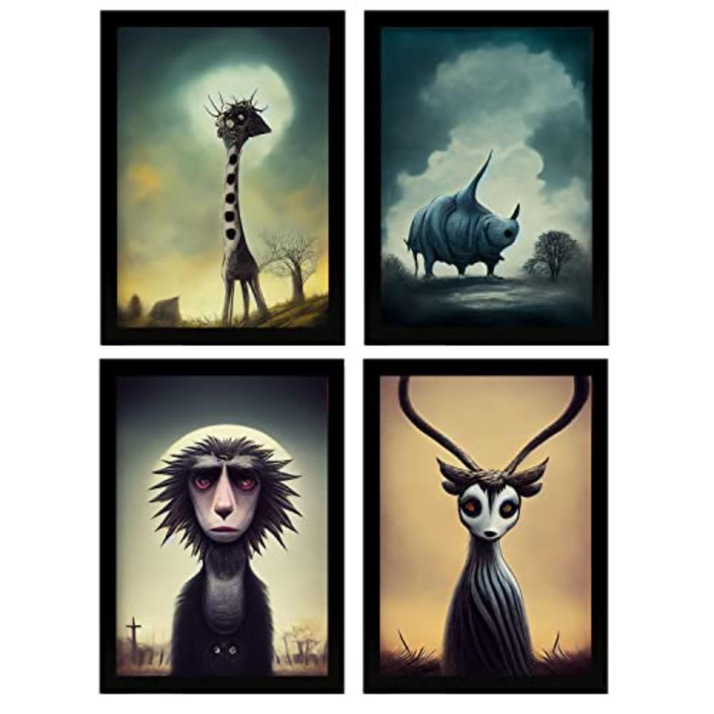 POSTER Set mit 4 Savanne Tier im T Burton Goth Stil A4 Rahmenlos - Klar, Papier (29.7/3cm) - Nacnic