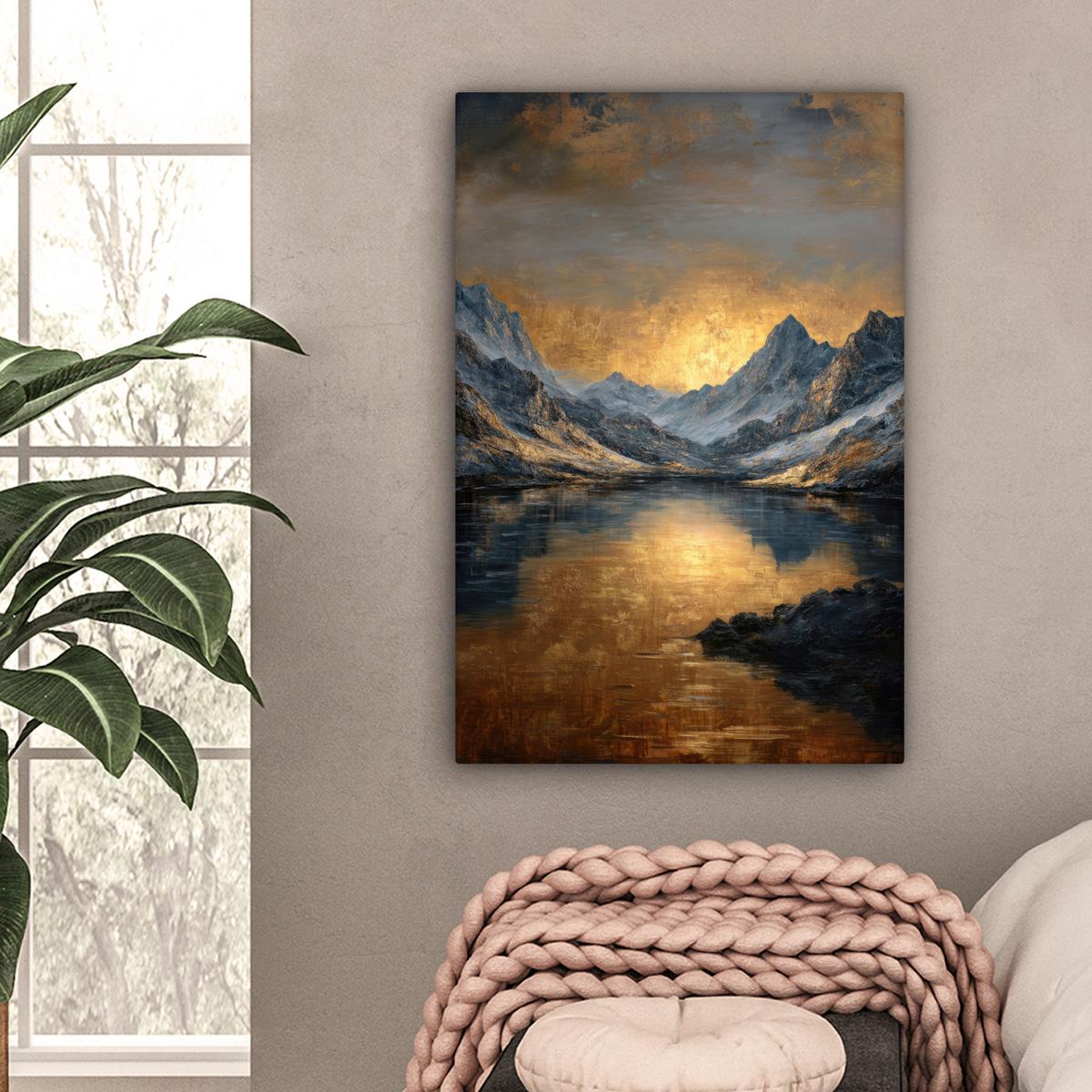 LEINWANDBILD Bergkulisse mit goldenem Sonnenuntergang Wanddeko 40x60 cm - Goldfarben, Textil (40/60cm) - MuchoWow