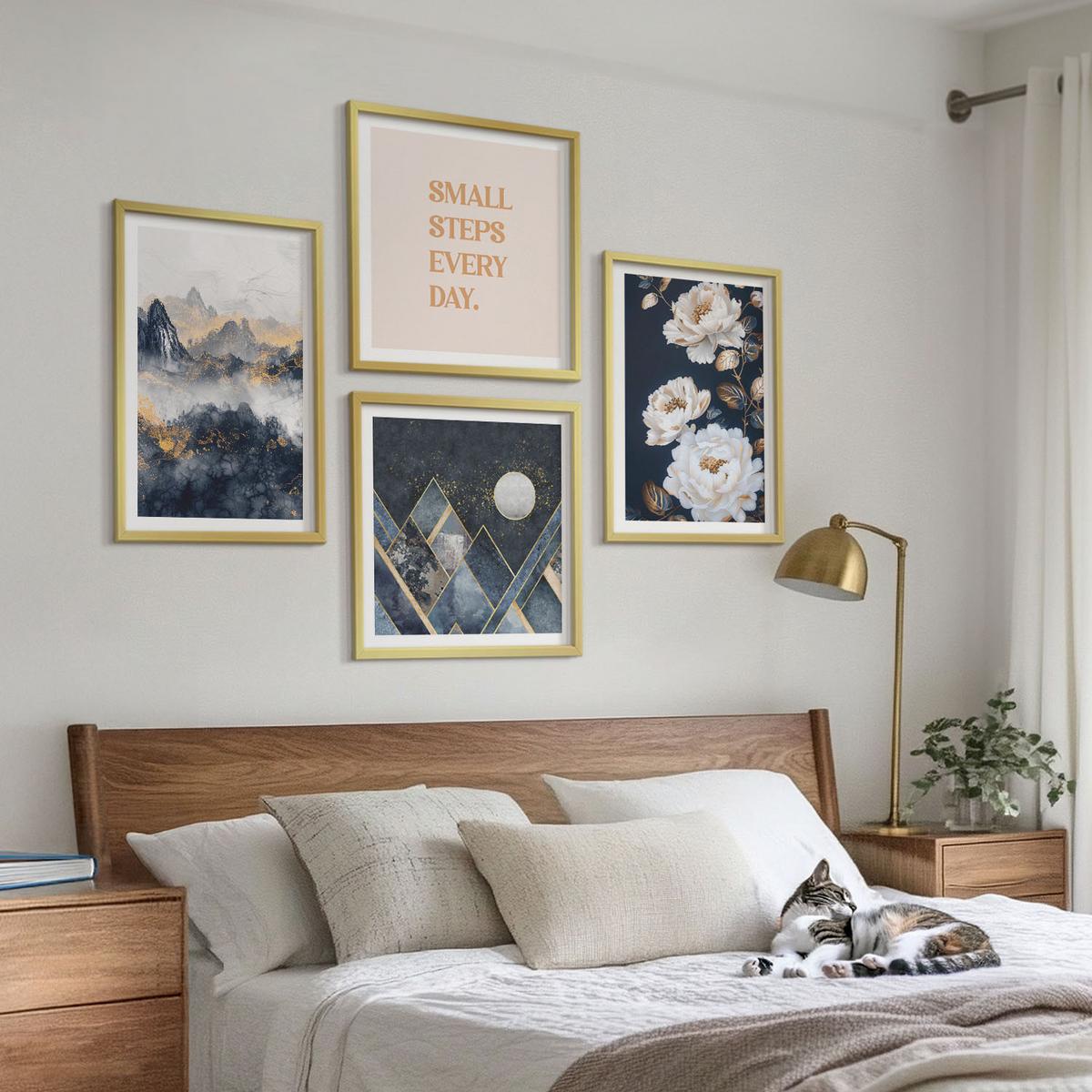 BILDER SET 4er Set - 50x50 cm & 40x60 cm Goldrahmen - Abstrakte Berge und Blumen Inspiration - Goldfarben, Kunststoff (50/50cm) - TULUP