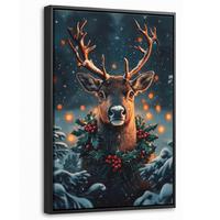 LEINWAND Bilder mit Rahmen - Hirsch - Weihnachten - Winter - Schnee - Weihnachtskranz - 20x30 - Dunkelbraun, Textil (20/30cm) - MuchoWow