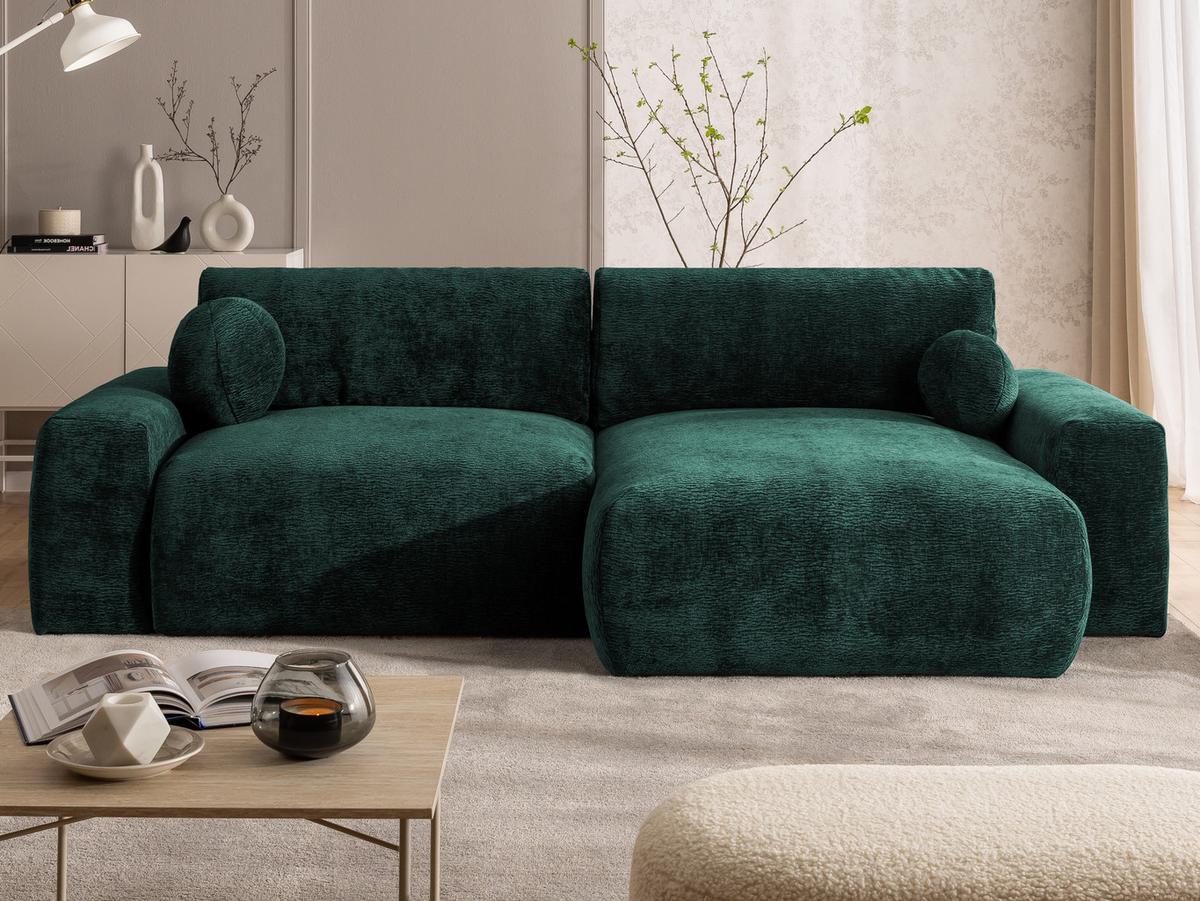 ECKSOFA Puffy mit Schlaffunktion und Bettkasten - besonders weich und puffig aus Grün Stoff mit Chenillestruktur - Ottomane rechts - Schwarz/Grün, Holz/Kunststoff (266/138cm) - S-Style Möbel