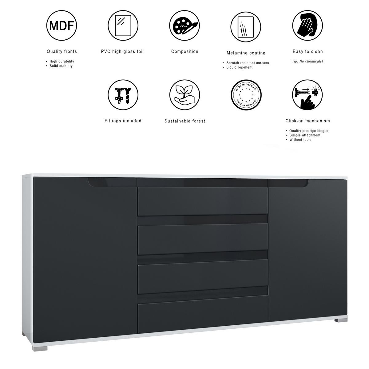 SIDEBOARD Sylt Grau Hochglanz / Weiß Hochglanz - Grau, Holzwerkstoff (166.5/75.5/35cm) - Vladon