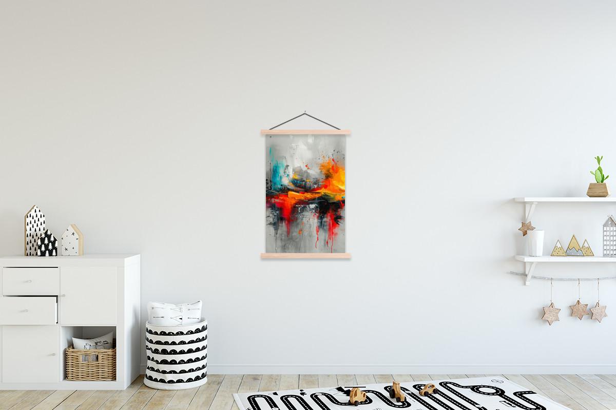POSTER MIT MAGNETLEISTEN Moderne Kunst - Orange - Grau - Abstrakt Wandbild Schlafzimmer 60x90 cm - Hellgrau, Textil (60/90/0.15cm) - MuchoWow
