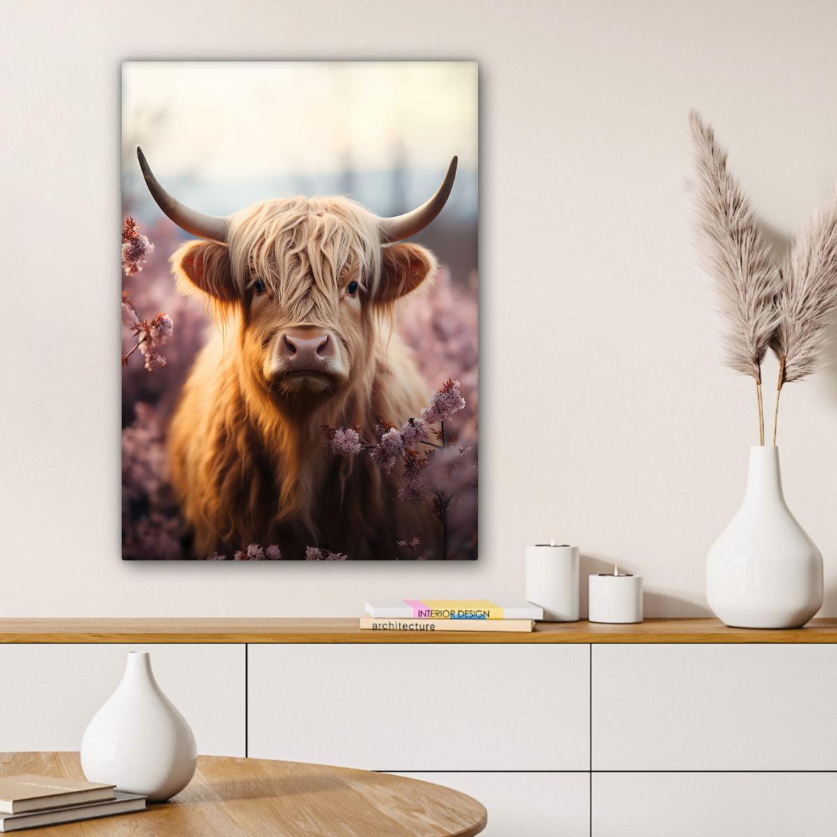 LEINWANDBILD Schottischer Hochländer - Frühling - Hochland Wandbild Wohnzimmer 60x80 cm - Hellrosa, Textil (60/80cm) - MuchoWow