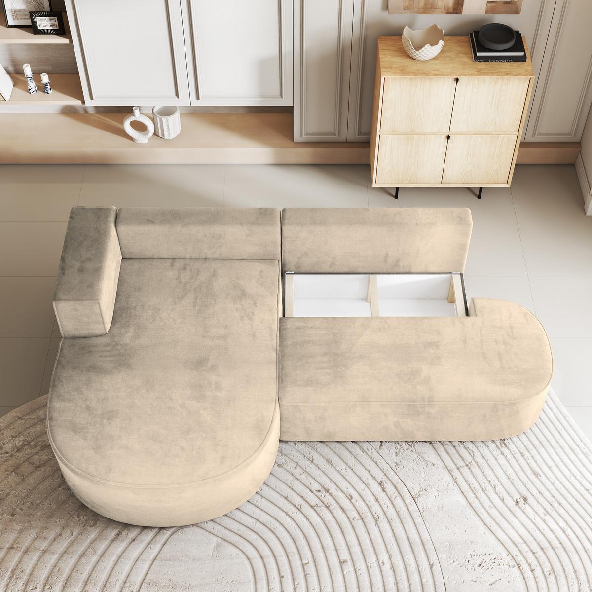ECKSOFA CORTIO M L-S Creme Velours-Stoff mit Schlaffunktion - Creme/Grau, Holz/Kunststoff (265/174cm) - MASSENO