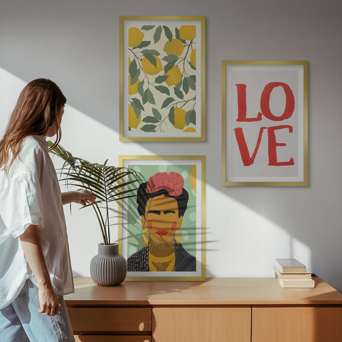 BILDER SET 3er Set - 40x60 cm Goldrahmen - Lemons LOVE Porträt von Frida - Goldfarben, Kunststoff (40/60cm) - TULUP