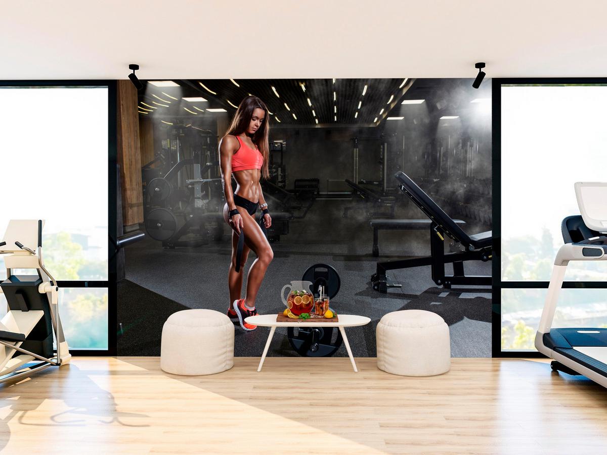 FOTOTAPETE Fit Frau Gym Langhantel Kraft Sport Fitnessstudio 350x256 - Schwarz/Braun, Papier (350/256cm) - Muralo