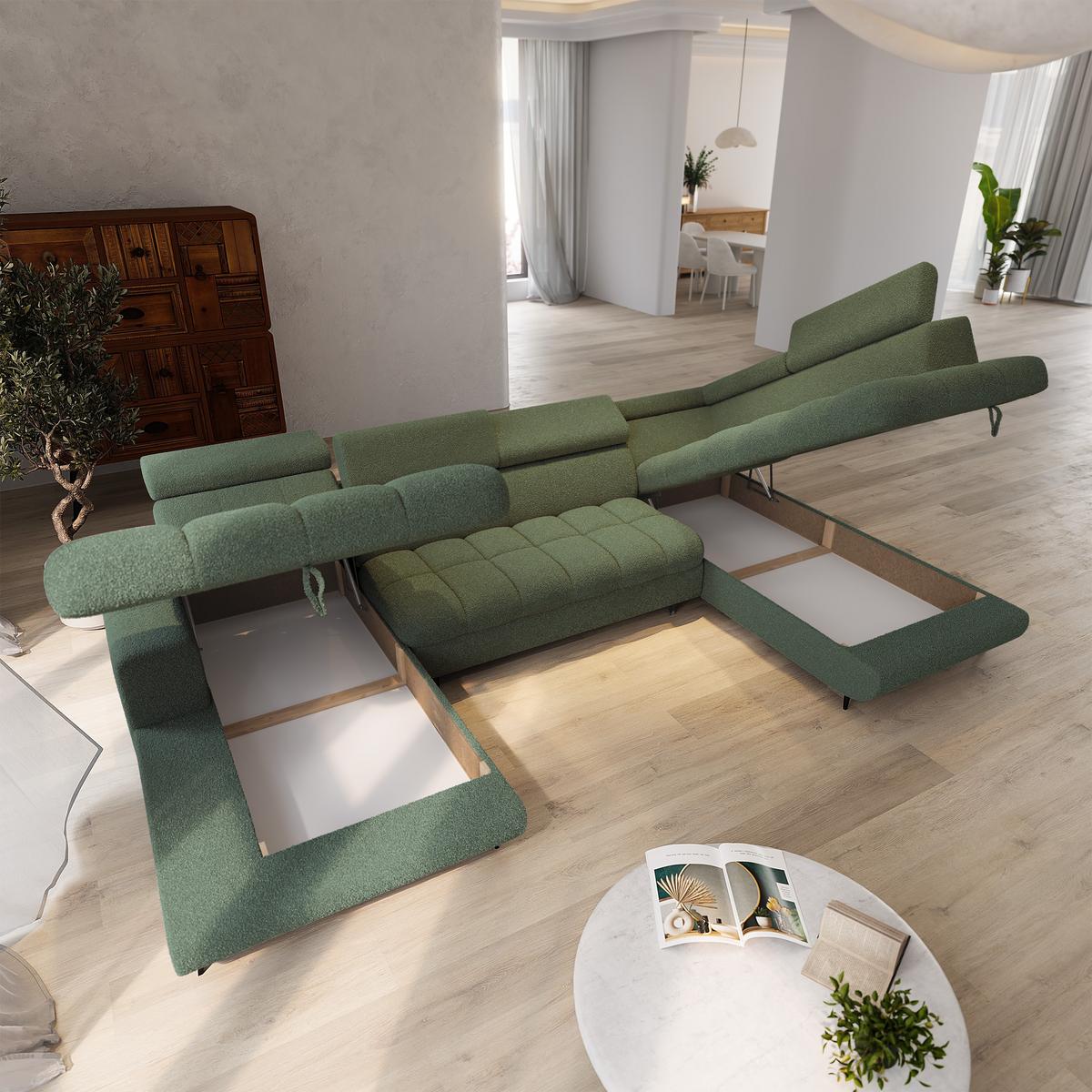 WOHNLANDSCHAFT CORENO Grün Boucle-Stoff mit Schlaffunktion - Grün, Holz (345/88/190cm) - MASSENO