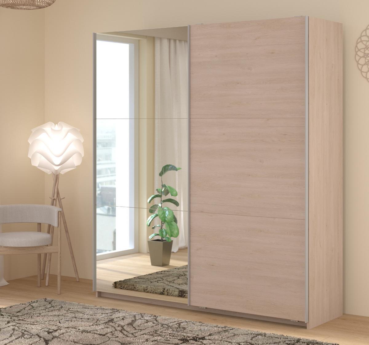KLEIDERSCHRANK Eiche Jackson 178 cm, Schwebetürenschrank 2-türig mit Spiegel und Soft-Close - Eichefarben, Glas/Holzwerkstoff (178/203/59cm) - Parisot Meuble