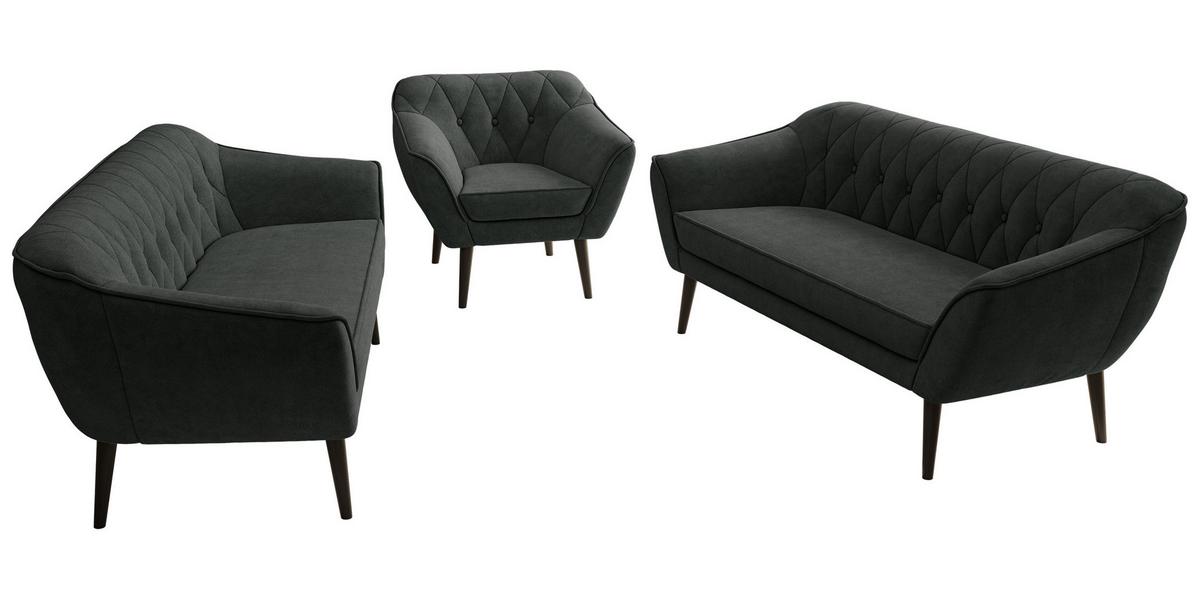 SITZGARNITUR PIRS 3+3+1 - Dunkelgrau Strukture - Schwarze Beine - Dunkelgrau/Graphitfarben, Holzwerkstoff/Textil (180/75/74cm) - MKS