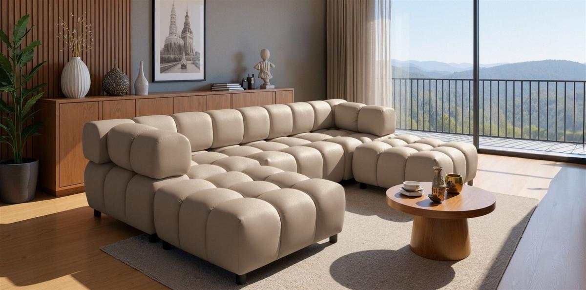 SOFA 3-sitzer Und 2-polsterhocker Flow - Hellbraun, Holzwerkstoff/Textil (288/71/96cm) - Fun Möbel