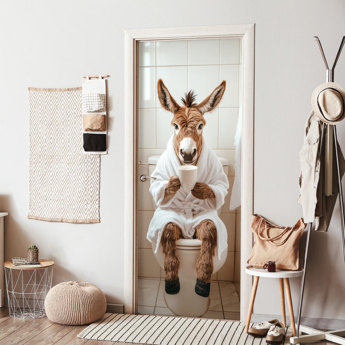 TÜRAUFKLEBER Esel - WC - Lustig - Bademantel - Tier 80x215 cm - Türtapete - Beige, Kunststoff (80/0.1cm) - MuchoWow